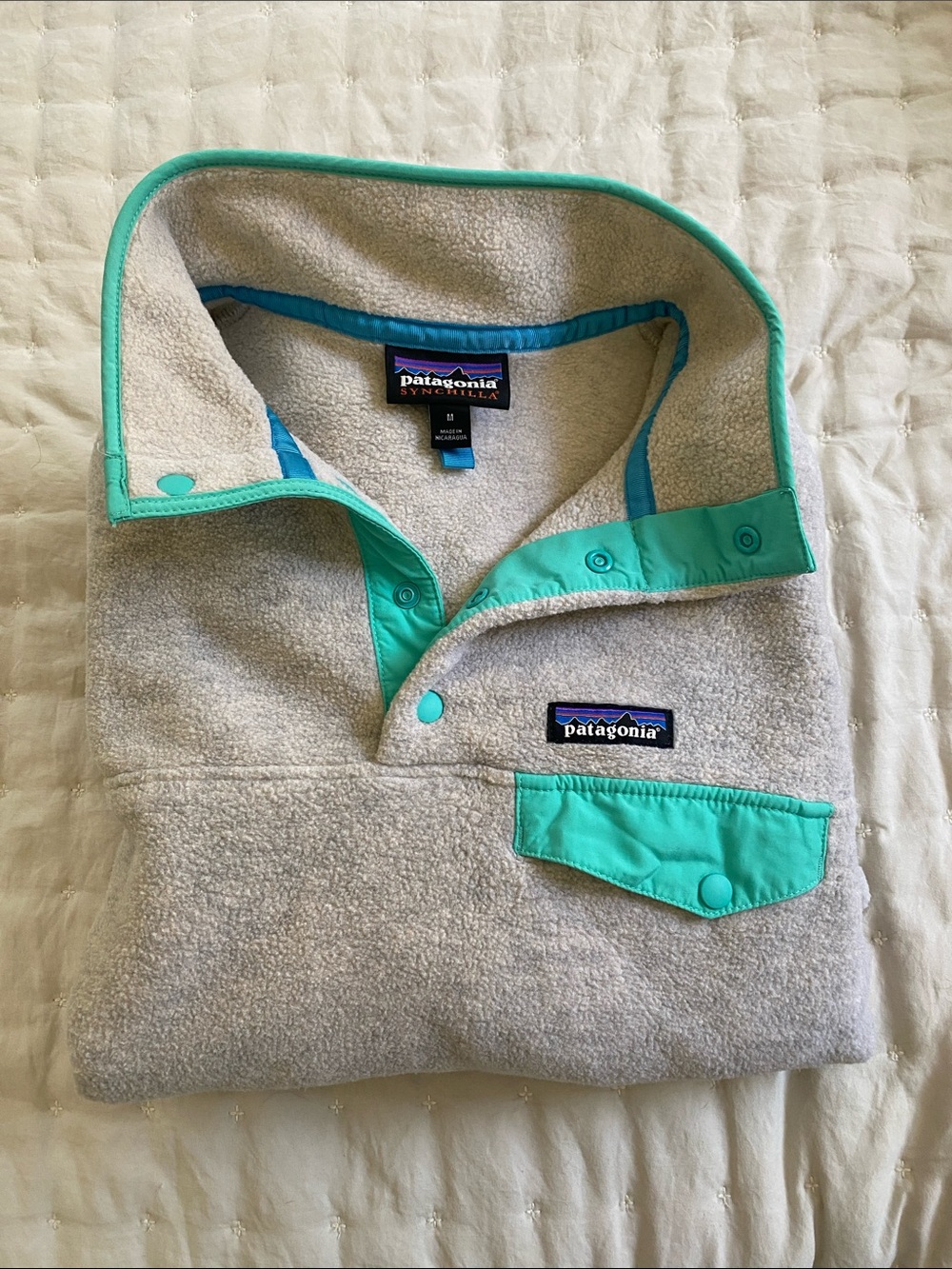 Patagonia Womens Fleece Pullover - Light Gray with Teal Trim